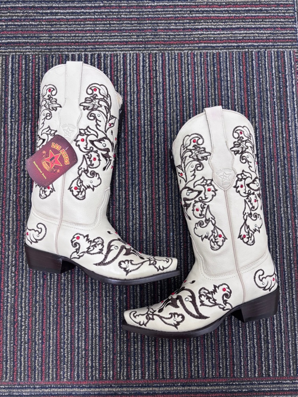 Los Altos Bone Embroidered Western Boots Snip Toe Leather Crystals 7.5